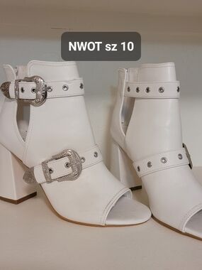 White Open-Toe Buckle Block Heel Ankle Boots - Women